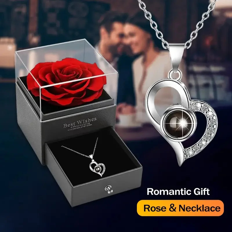 1 Set Artificial Flower Gift Box with I Love You Necklace 