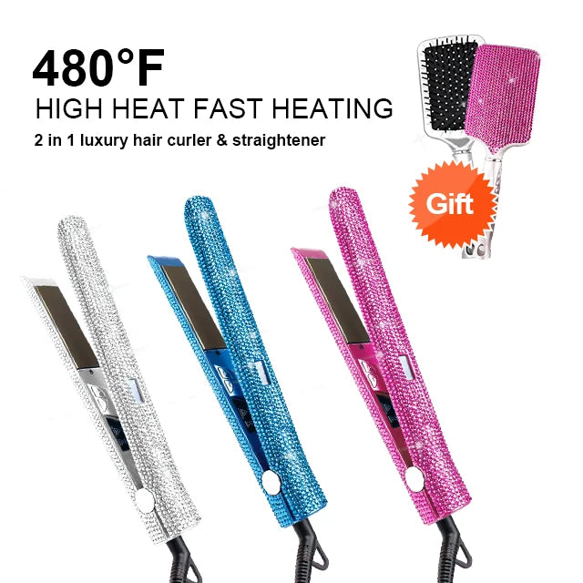 LCD Display Hair Straightener Hair Comb Bling Flat Iron with Crystal Titanium