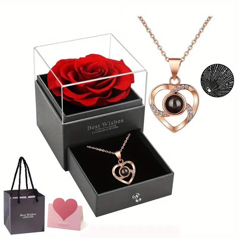 1 Set Artificial Flower Gift Box with I Love You Necklace 