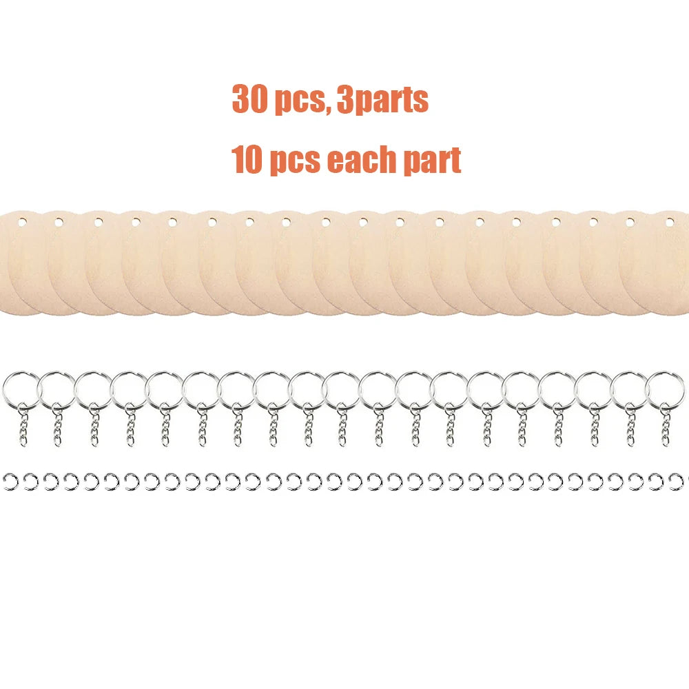 30pcs Wood Keychains Blanks Rectangle Wooden Ornaments Blank Key Ring Jump Rings for DIY Keychains
