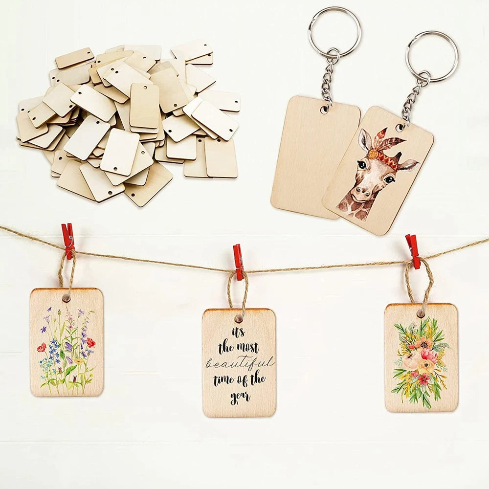 30pcs Wood Keychains Blanks Rectangle Wooden Ornaments Blank Key Ring Jump Rings for DIY Keychains