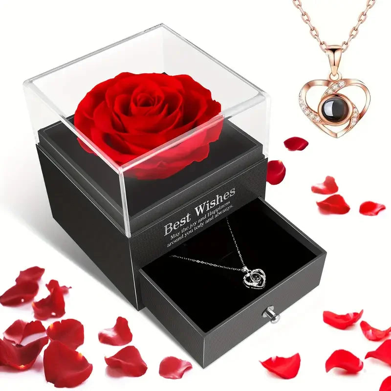 1 Set Artificial Flower Gift Box with I Love You Necklace 