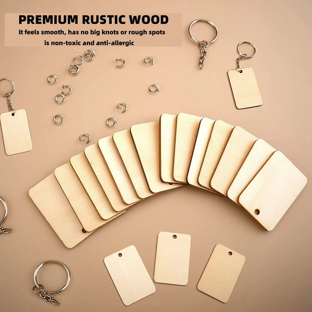 30pcs Wood Keychains Blanks Rectangle Wooden Ornaments Blank Key Ring Jump Rings for DIY Keychains