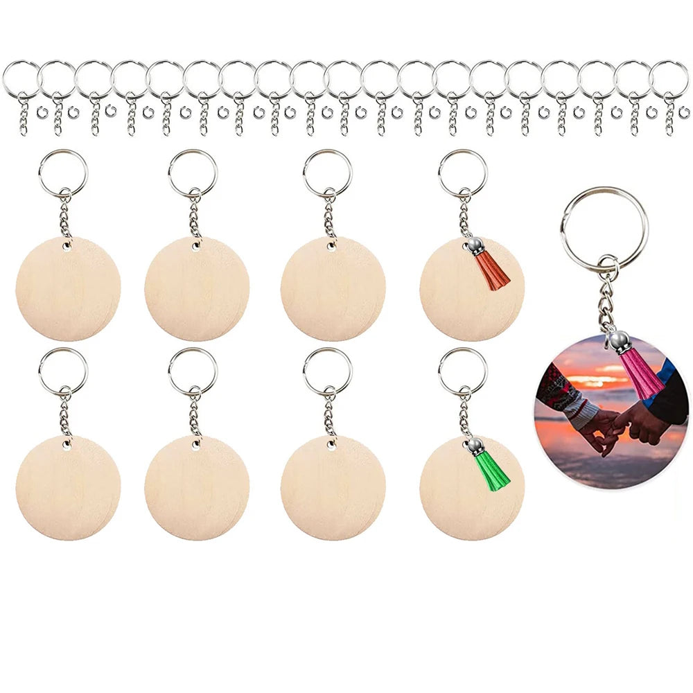 30pcs Wood Keychains Blanks Rectangle Wooden Ornaments Blank Key Ring Jump Rings for DIY Keychains