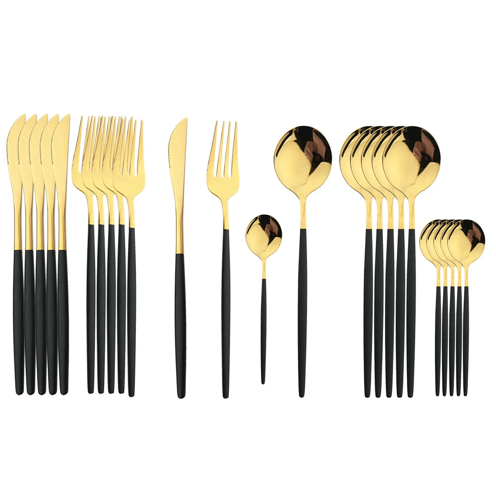 24Pcs Black Handle Golden Cutlery Set