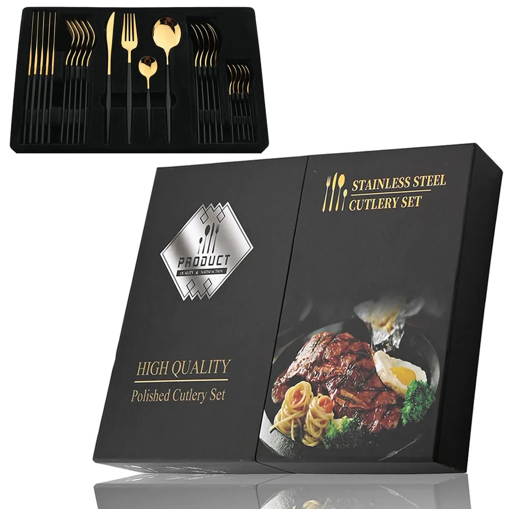24Pcs Black Handle Golden Cutlery Set