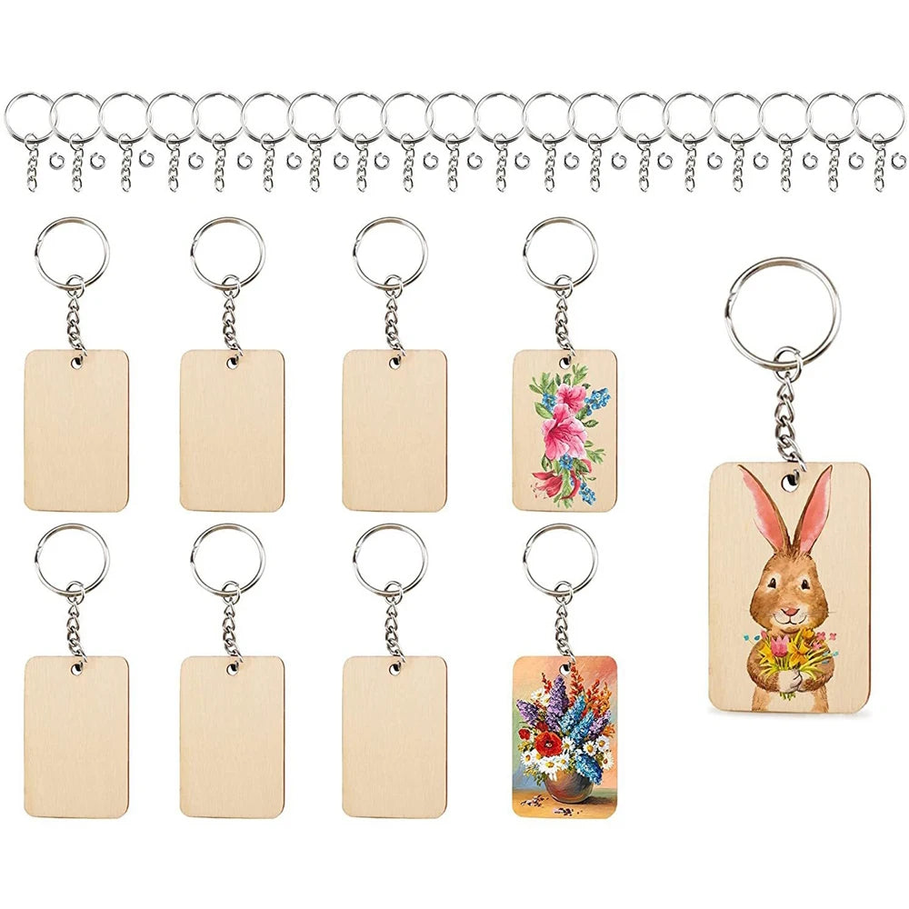30pcs Wood Keychains Blanks Rectangle Wooden Ornaments Blank Key Ring Jump Rings for DIY Keychains