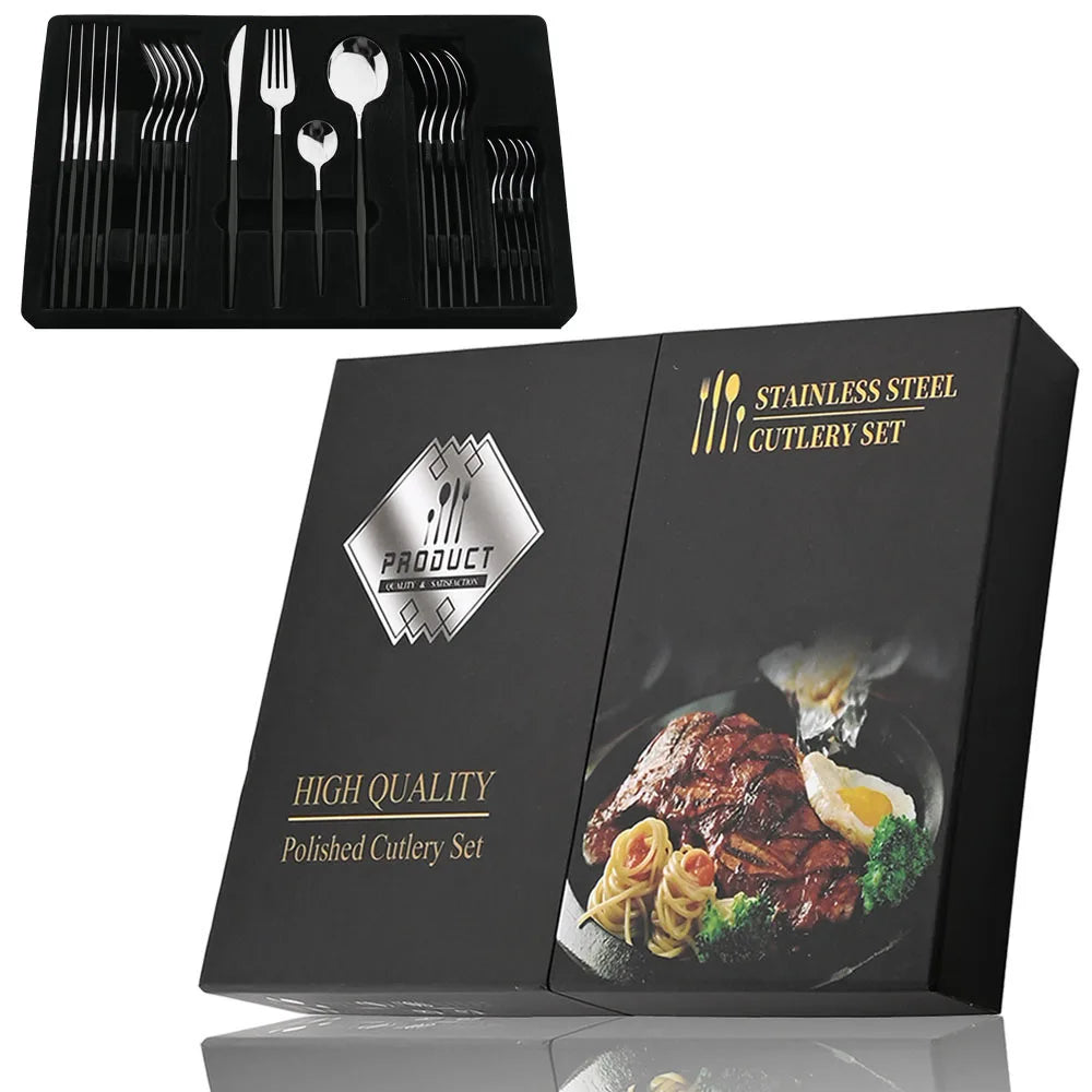 24Pcs Black Handle Golden Cutlery Set
