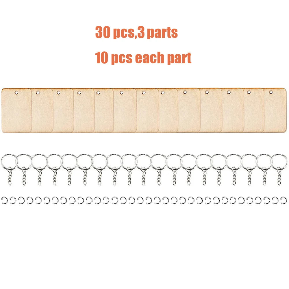 30pcs Wood Keychains Blanks Rectangle Wooden Ornaments Blank Key Ring Jump Rings for DIY Keychains