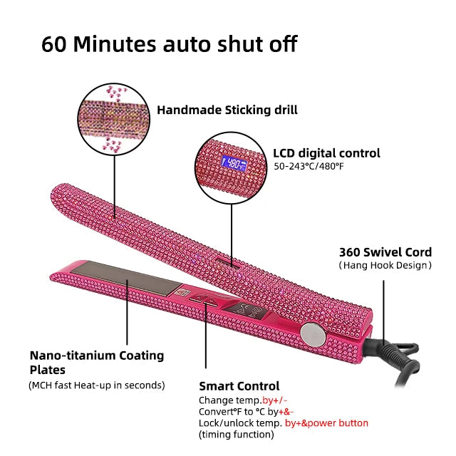 LCD Display Hair Straightener Hair Comb Bling Flat Iron with Crystal Titanium