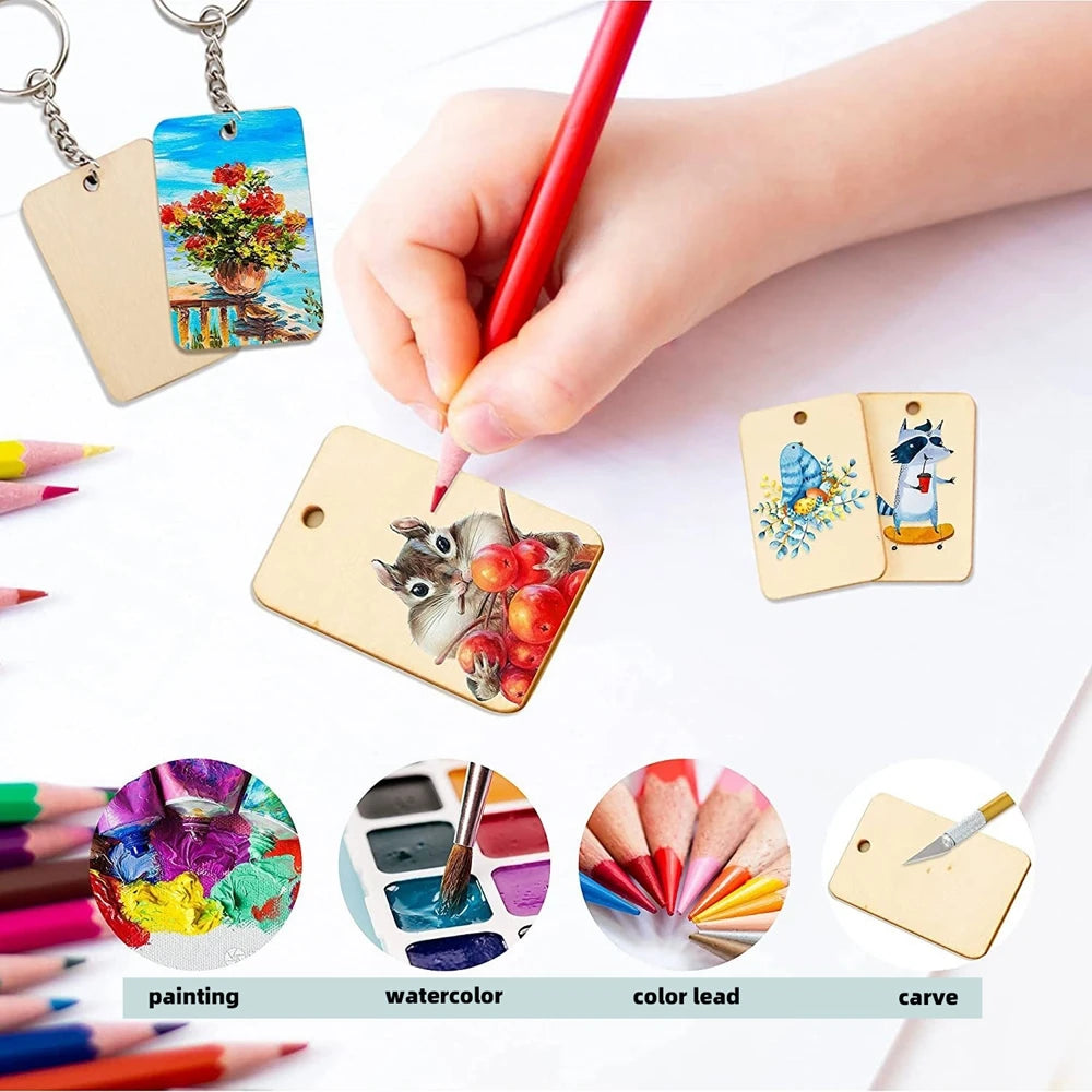 30pcs Wood Keychains Blanks Rectangle Wooden Ornaments Blank Key Ring Jump Rings for DIY Keychains