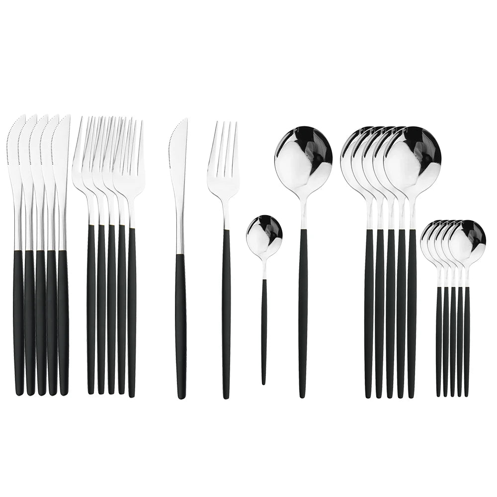 24Pcs Black Handle Golden Cutlery Set